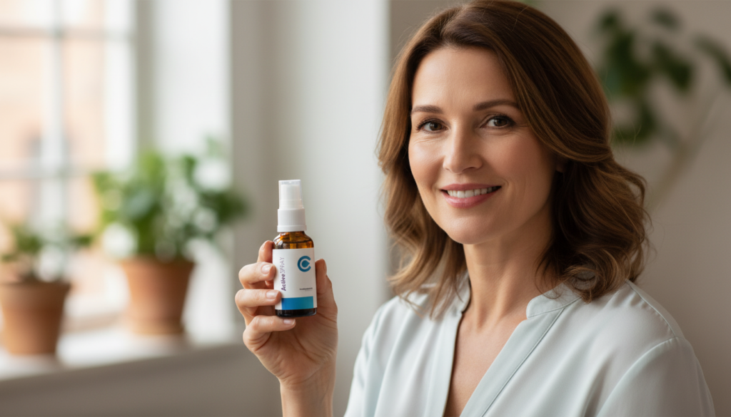 Frau benutzt Active Spray zur täglichen Stoffwechselaktivierung