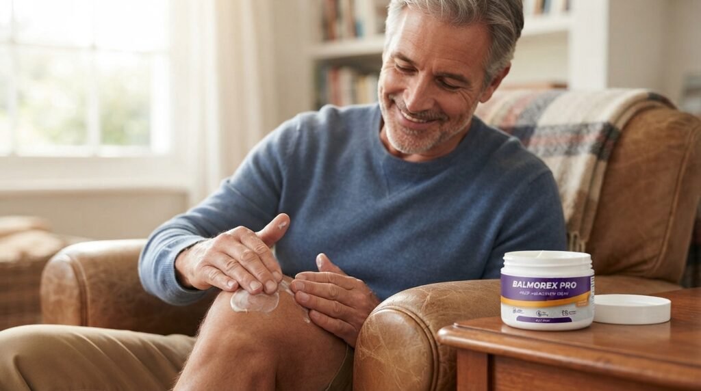Applying Balmorex Pro cream to the knee for everyday joint comfort