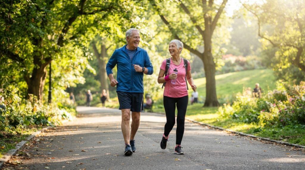 Active senior couple enjoying walking and an active lifestyle